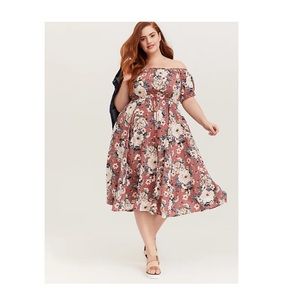 Torrid Rose Pink Floral Challis Off Shoulder Midi Dress